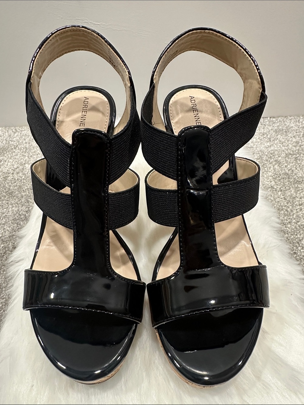 *NWT* vintage Adrienne Black Patent Elastic-Strap Wedge Sandals
